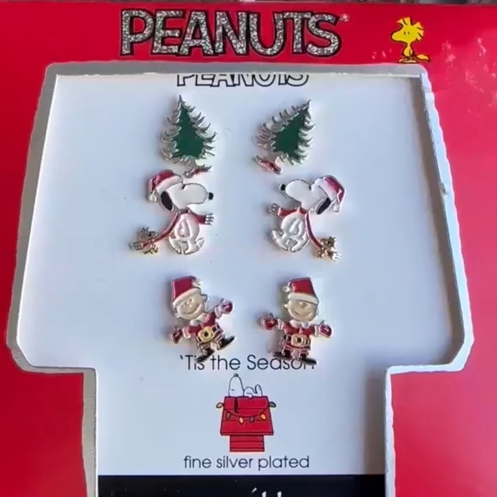 Snoopy Christmas Holiday Peanuts Trio 3 Piece Silver Plate Earrings - Picture 2 of 6